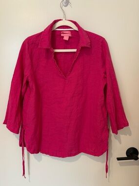 Isaac Mizrahi 100% Linen Fuchsia Pink V-Neck Collared Shirt Summer M